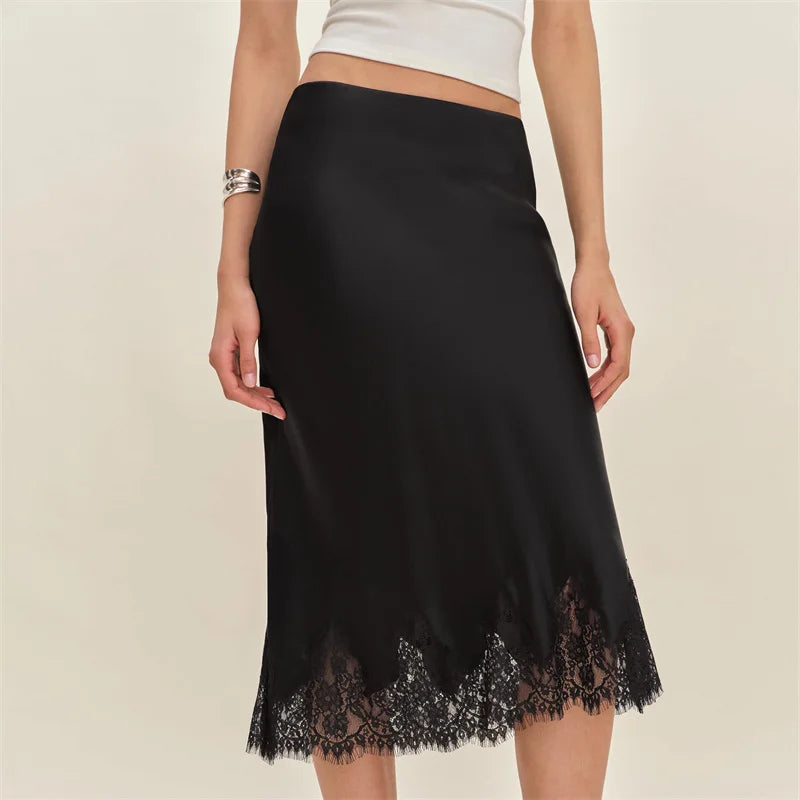 Elegant Lace Satin Midi Skirt