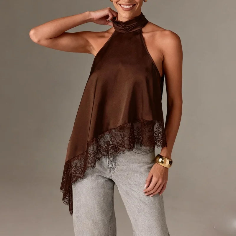 Satin Lace Asymmetrical Halter Top