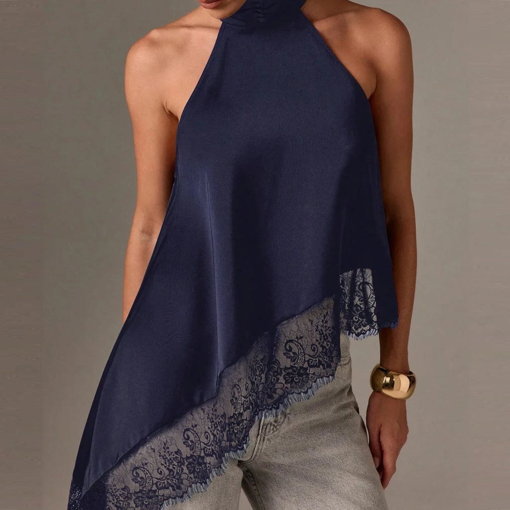 Satin Lace Asymmetrical Halter Top