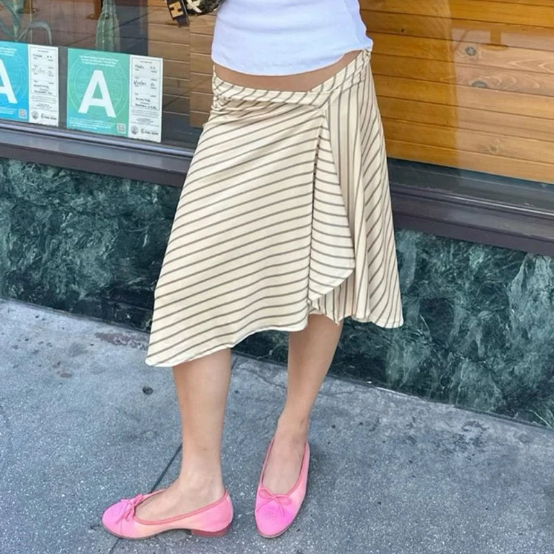 Striped Low Waist Irregular Midi Skirt