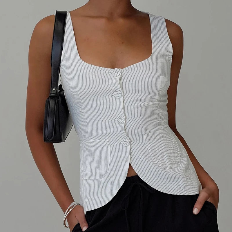 Vintage Square‑Neck Button Crop Vest