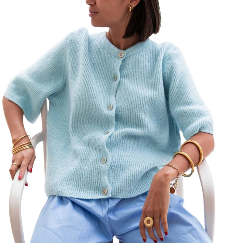 Vintage Knit Button‑Up Short‑Sleeve Cardigan