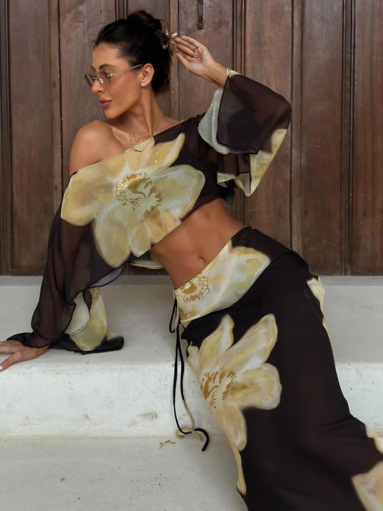 Floral Mesh Skew‑Neck Set