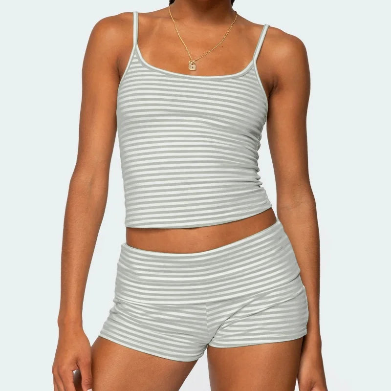 Striped Y2K Crop Cami & Fold‑Over Shorts Set