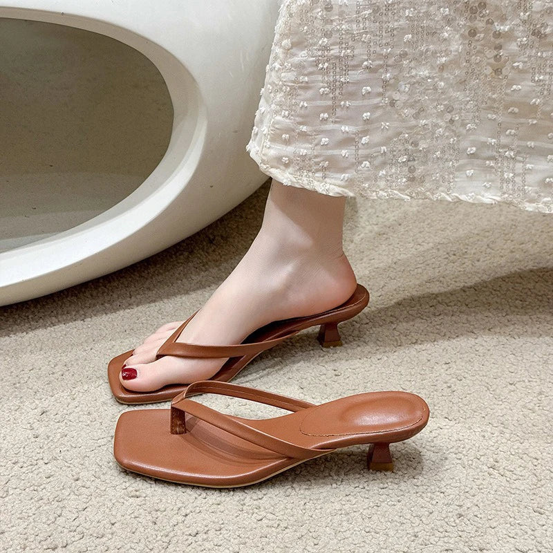 Square Toe Flip‑Flop Kitten Heel Sandals
