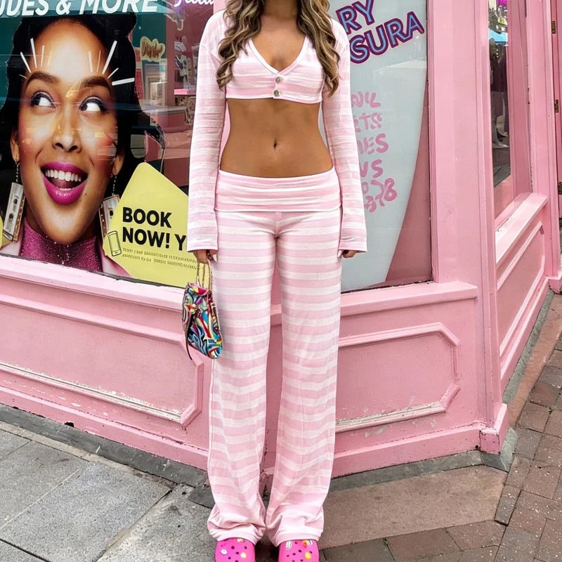 Y2K Striped Foldover Flare Pants