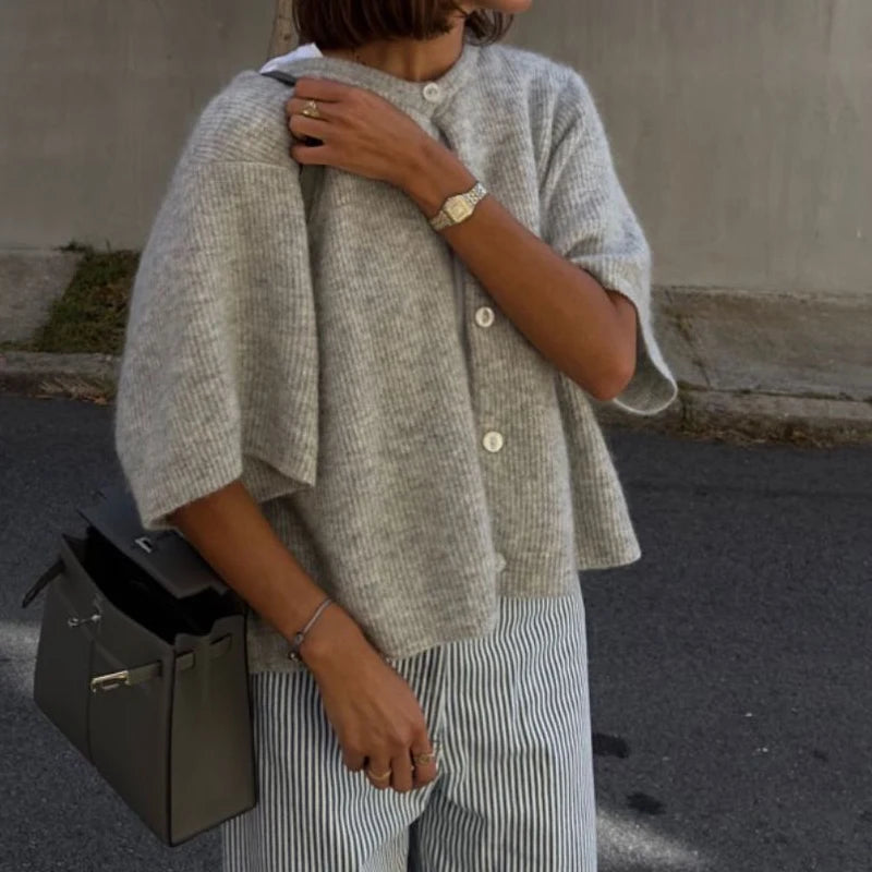 Vintage Knit Button‑Up Short‑Sleeve Cardigan