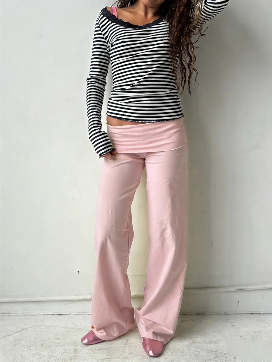 Foldover Low‑Rise Y2K Wide‑Leg Pants