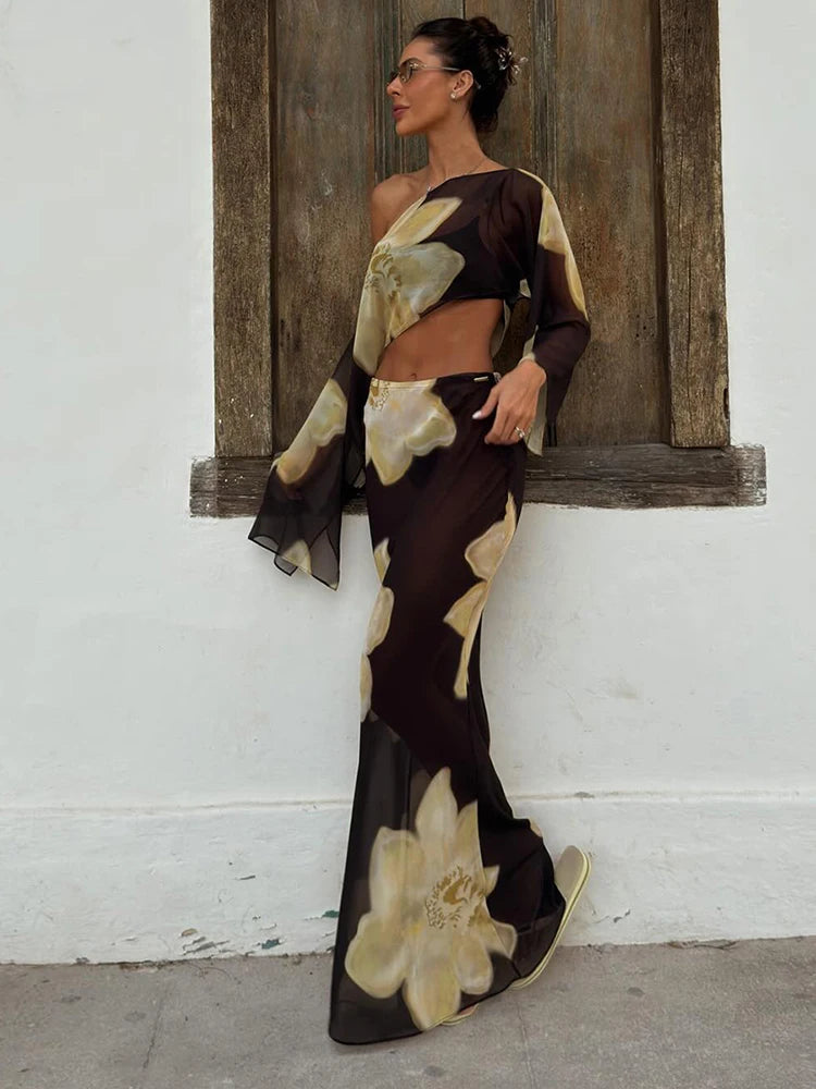 Floral Mesh Skew‑Neck Set