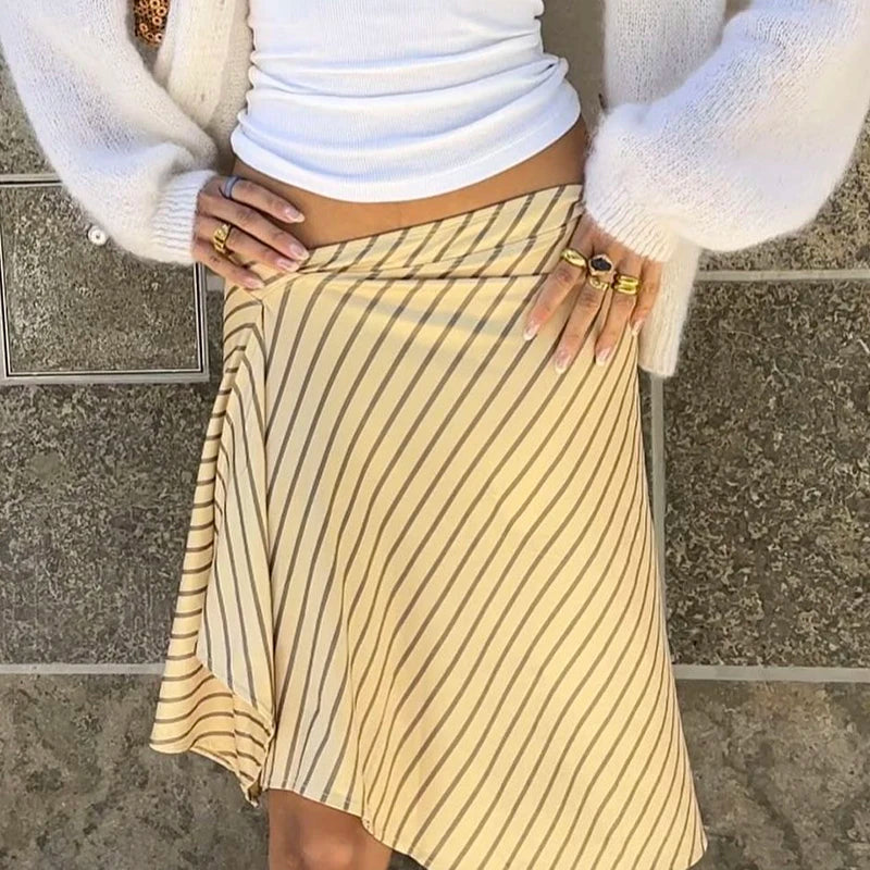 Striped Low Waist Irregular Midi Skirt