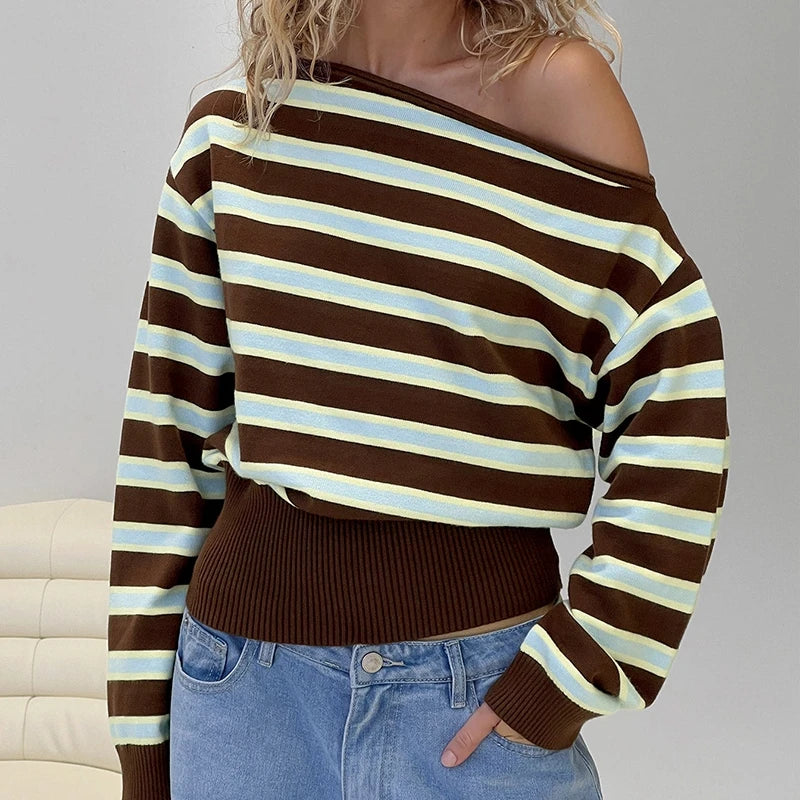 Striped Off‑Shoulder Ribbed Knit Crop Sweater