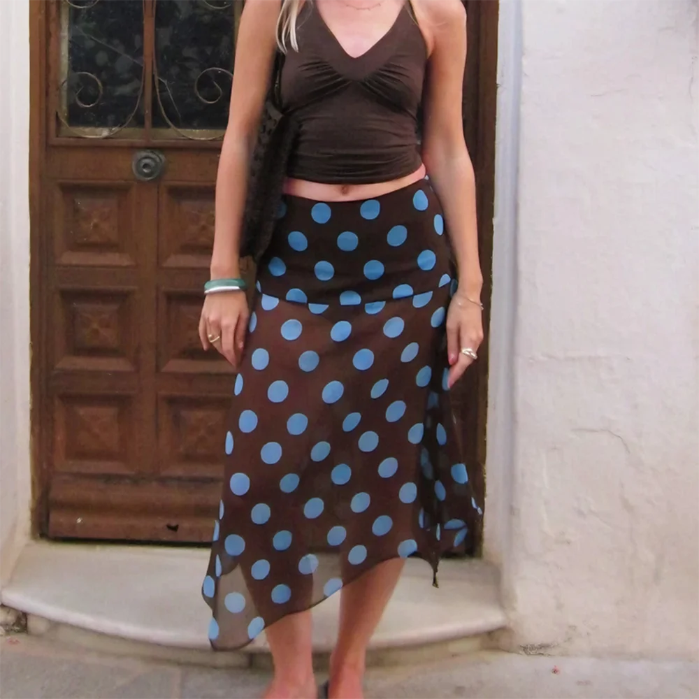 Vintage Polka Dot Mesh Midi Skirt