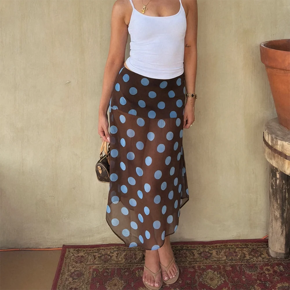 Vintage Polka Dot Mesh Midi Skirt