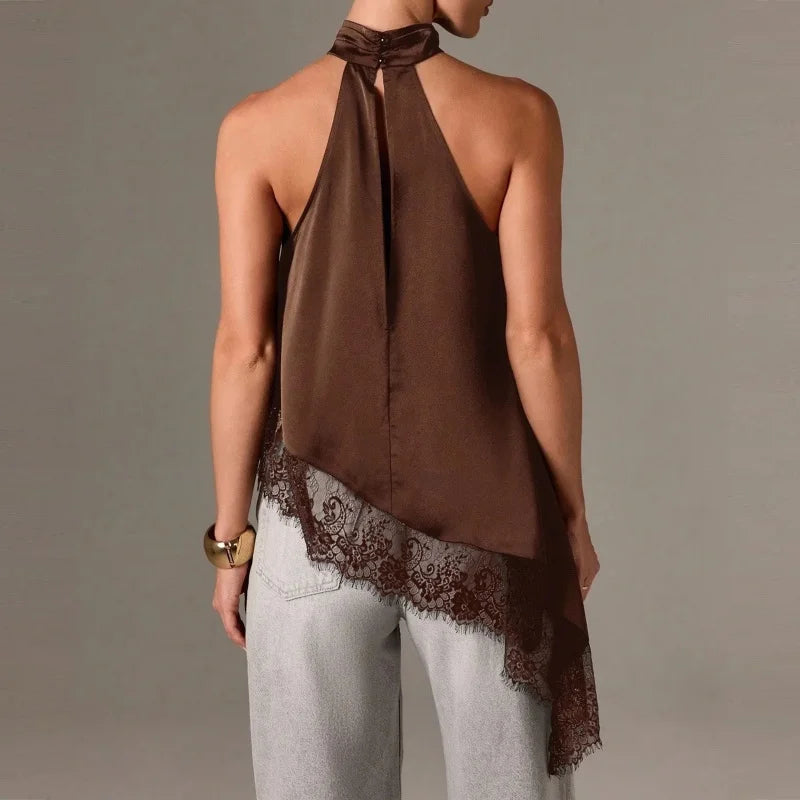 Satin Lace Asymmetrical Halter Top