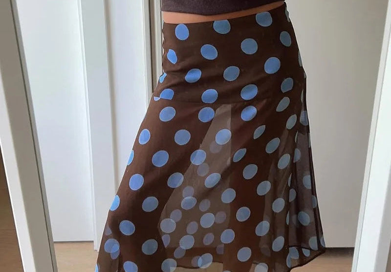 Vintage Polka Dot Mesh Midi Skirt