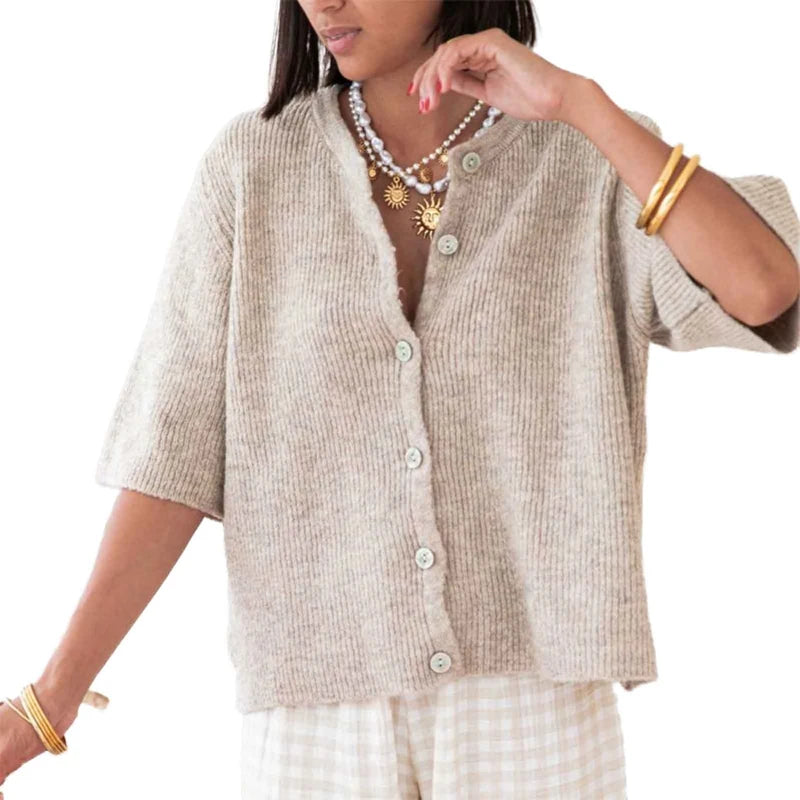 Vintage Knit Button‑Up Short‑Sleeve Cardigan
