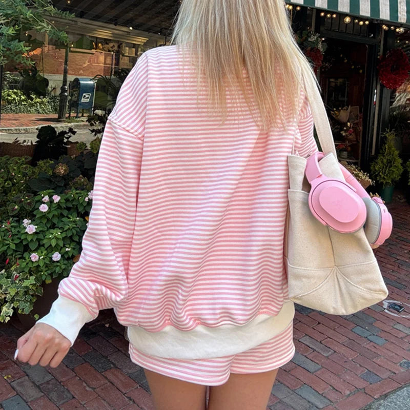 Striped Mock‑Neck Sweatshirt & Shorts Set