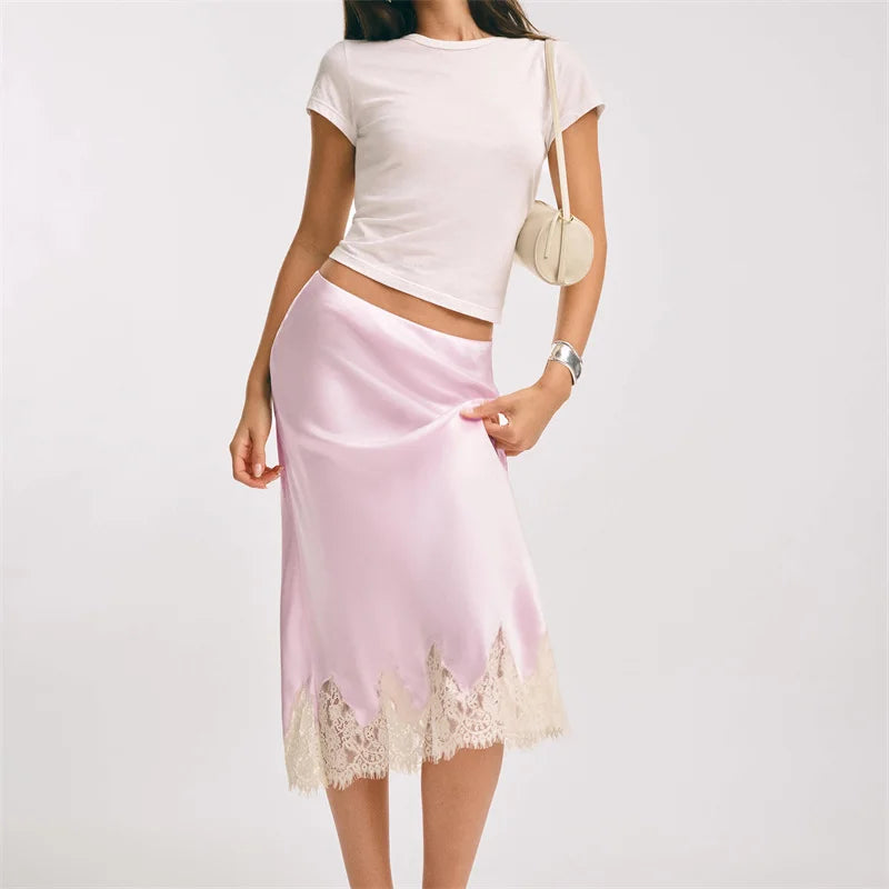 Elegant Lace Satin Midi Skirt