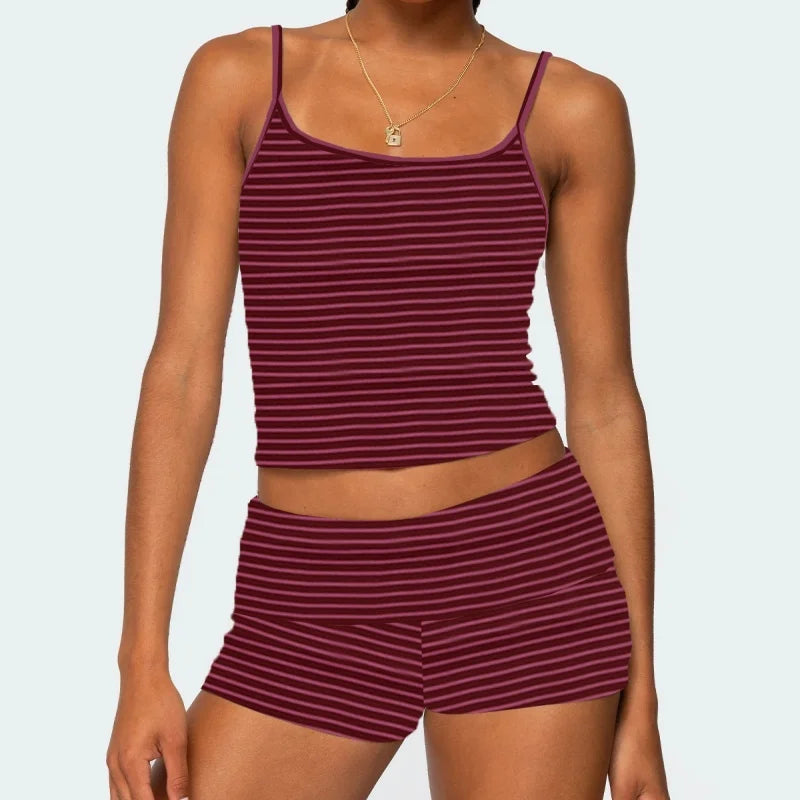 Striped Y2K Crop Cami & Fold‑Over Shorts Set