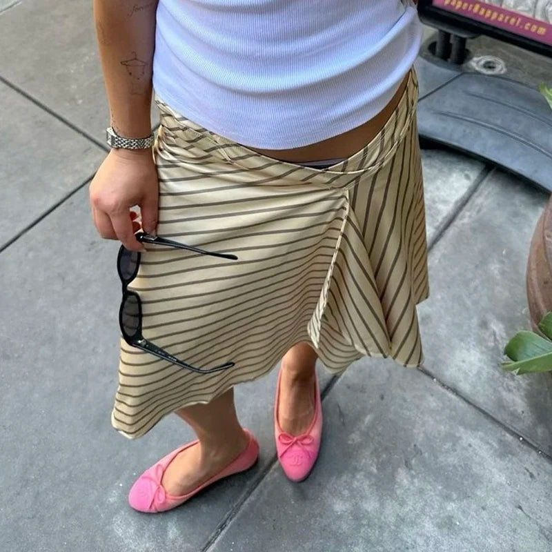 Striped Low Waist Irregular Midi Skirt