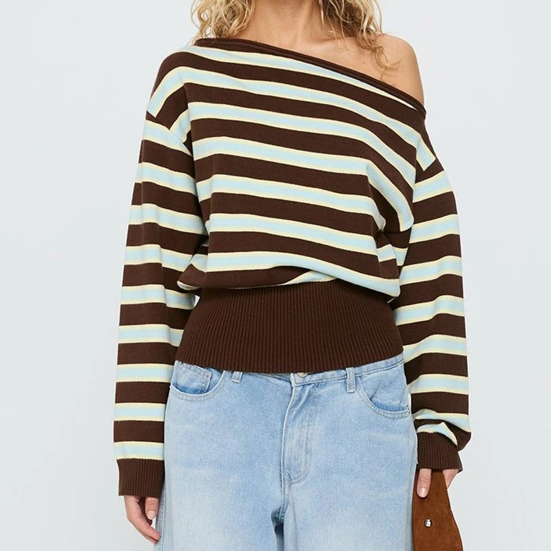 Striped Off‑Shoulder Ribbed Knit Crop Sweater