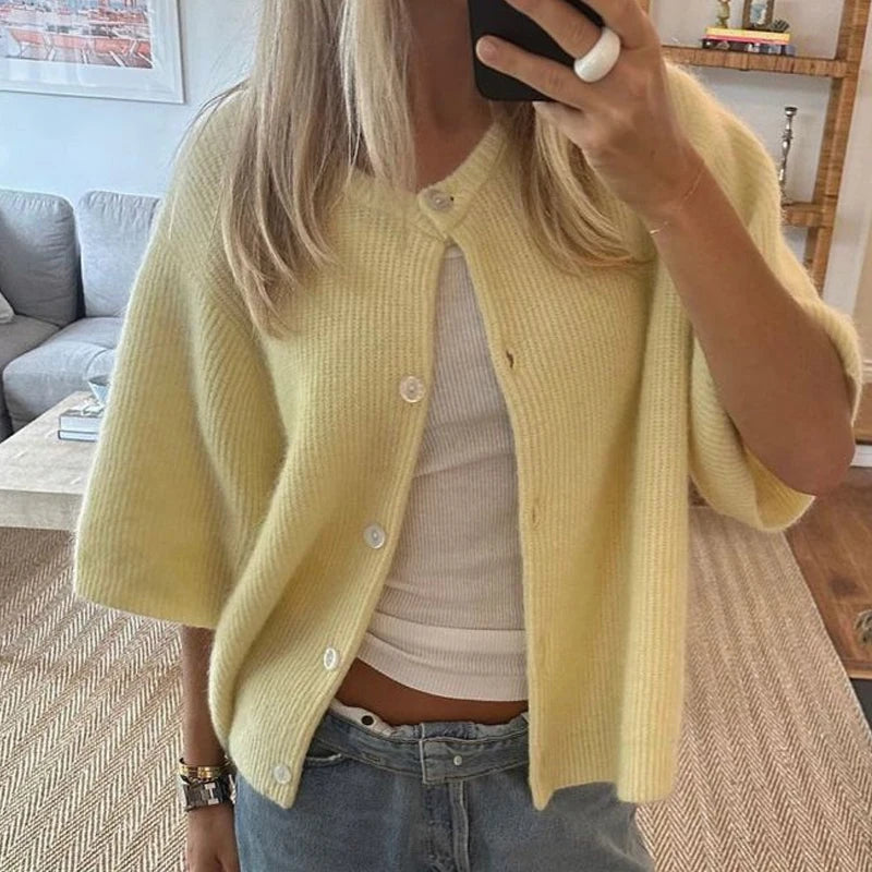 Vintage Knit Button‑Up Short‑Sleeve Cardigan