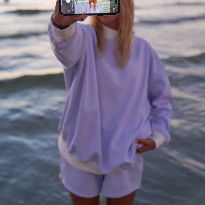 Striped Mock‑Neck Sweatshirt & Shorts Set