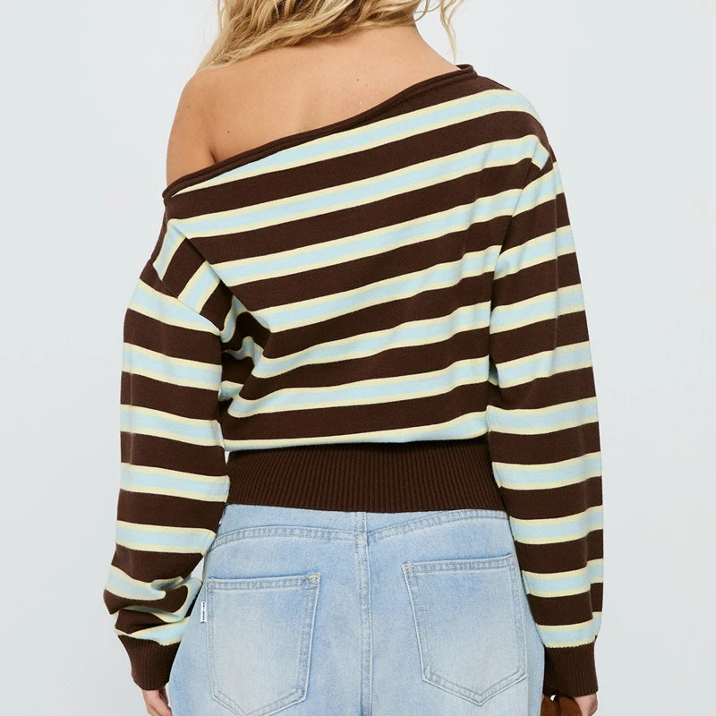 Striped Off‑Shoulder Ribbed Knit Crop Sweater