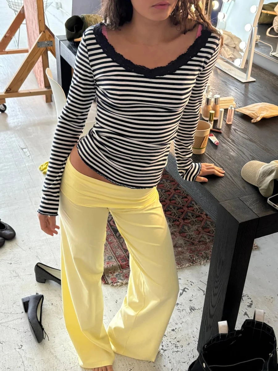 Foldover Low‑Rise Y2K Wide‑Leg Pants