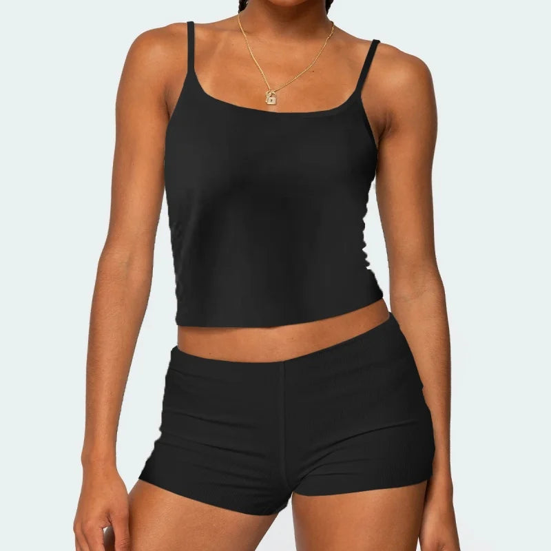 Striped Y2K Crop Cami & Fold‑Over Shorts Set
