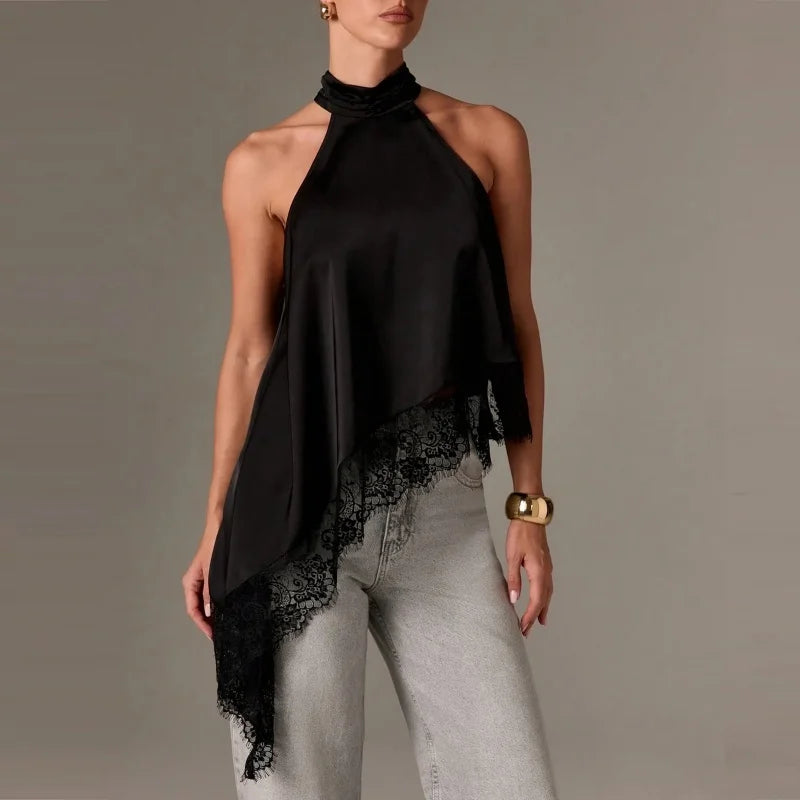 Satin Lace Asymmetrical Halter Top