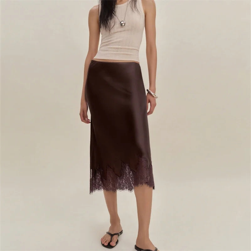 Elegant Lace Satin Midi Skirt
