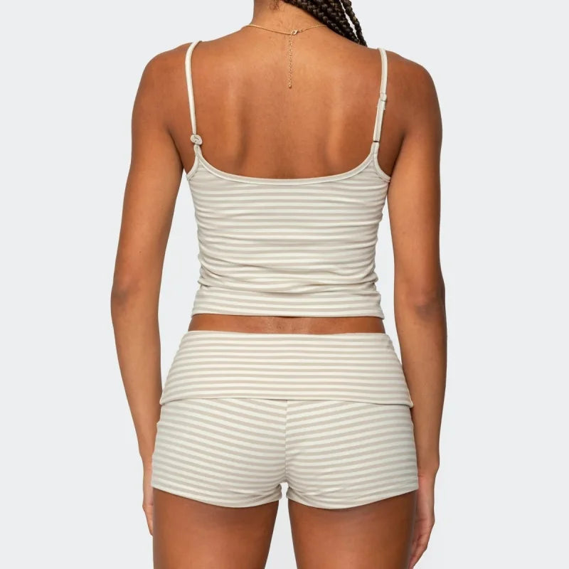 Striped Y2K Crop Cami & Fold‑Over Shorts Set