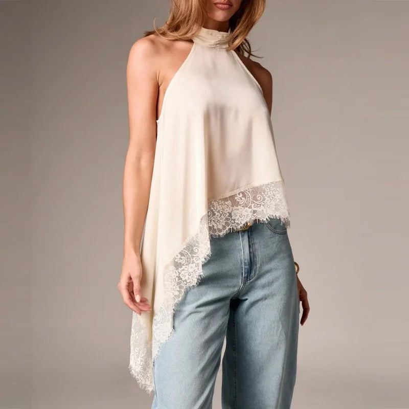 Satin Lace Asymmetrical Halter Top