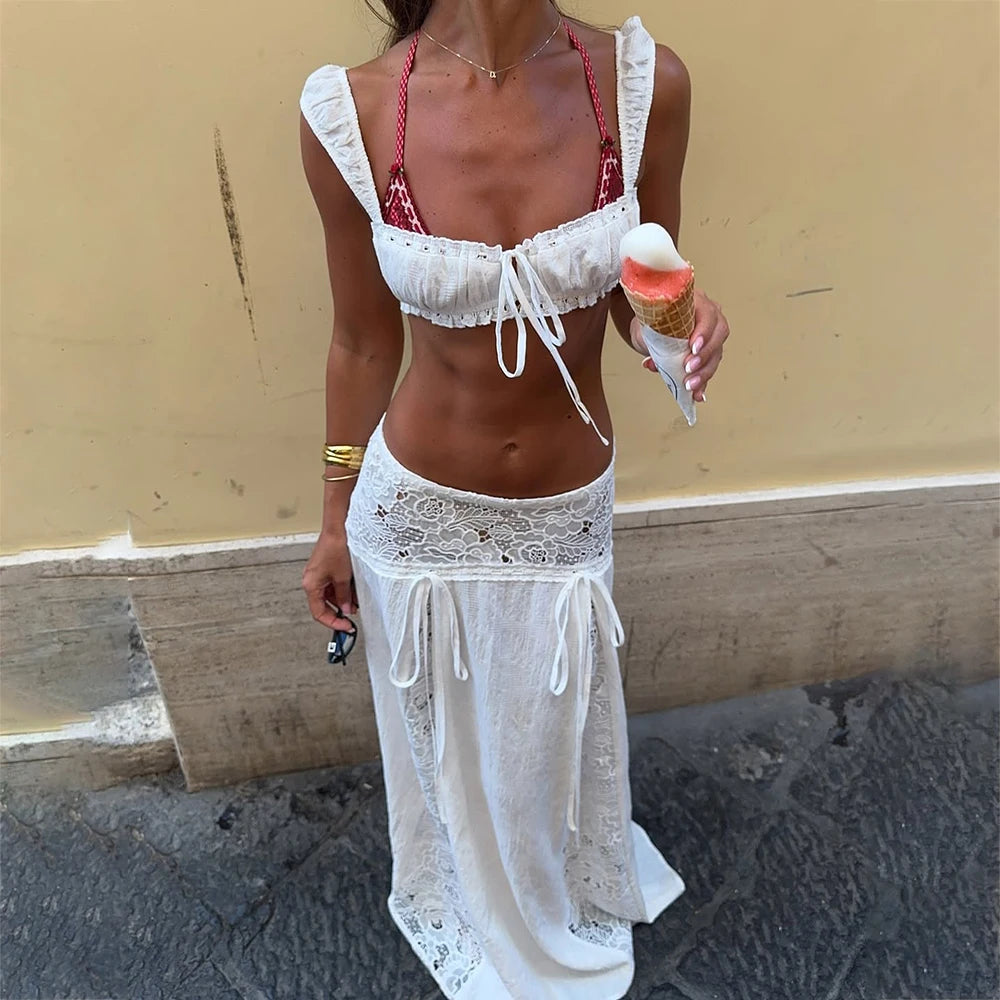 Vintage Lace Tie‑Up Maxi Set