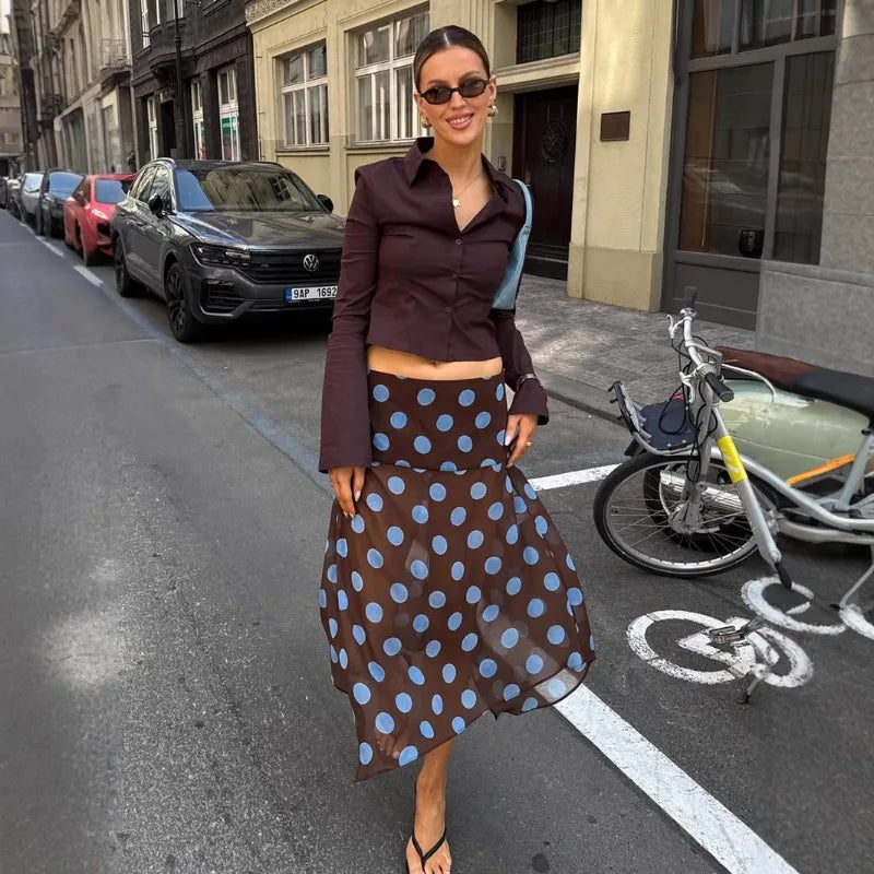 Vintage Polka Dot Mesh Midi Skirt