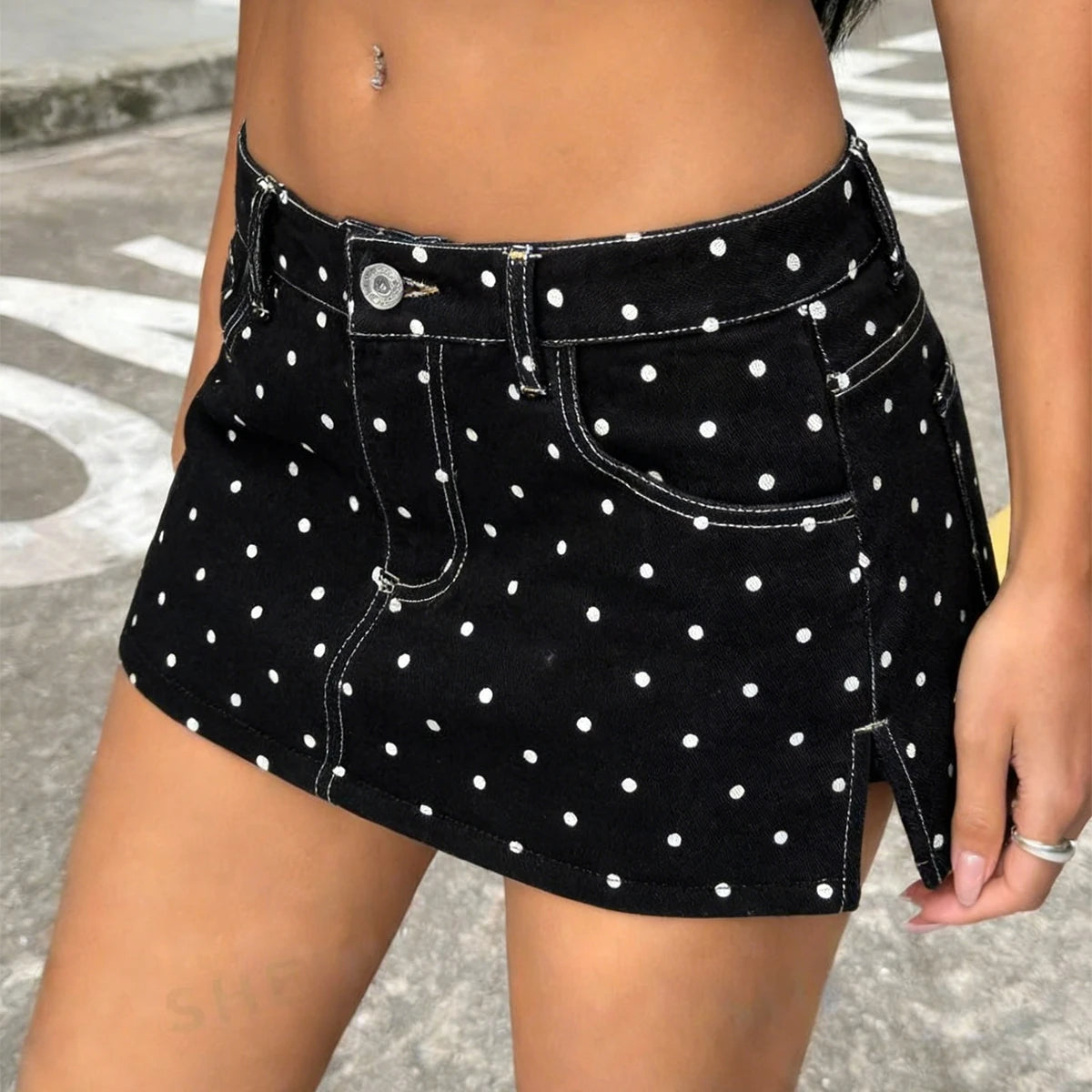 Polka Dot Denim Mini Skirt