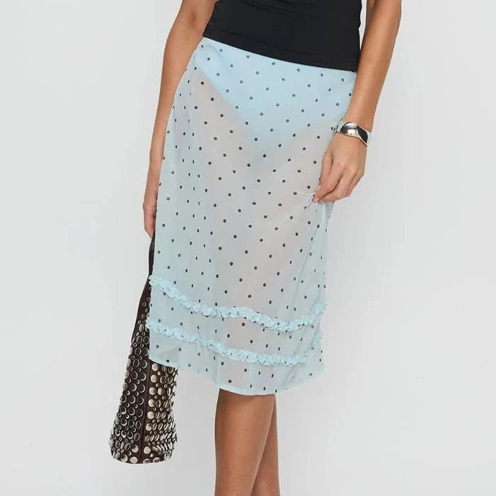 Frill‑Trim Polka Dot Sheer Midi Skirt