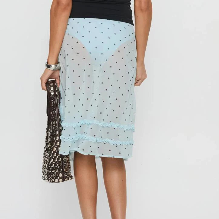 Frill‑Trim Polka Dot Sheer Midi Skirt