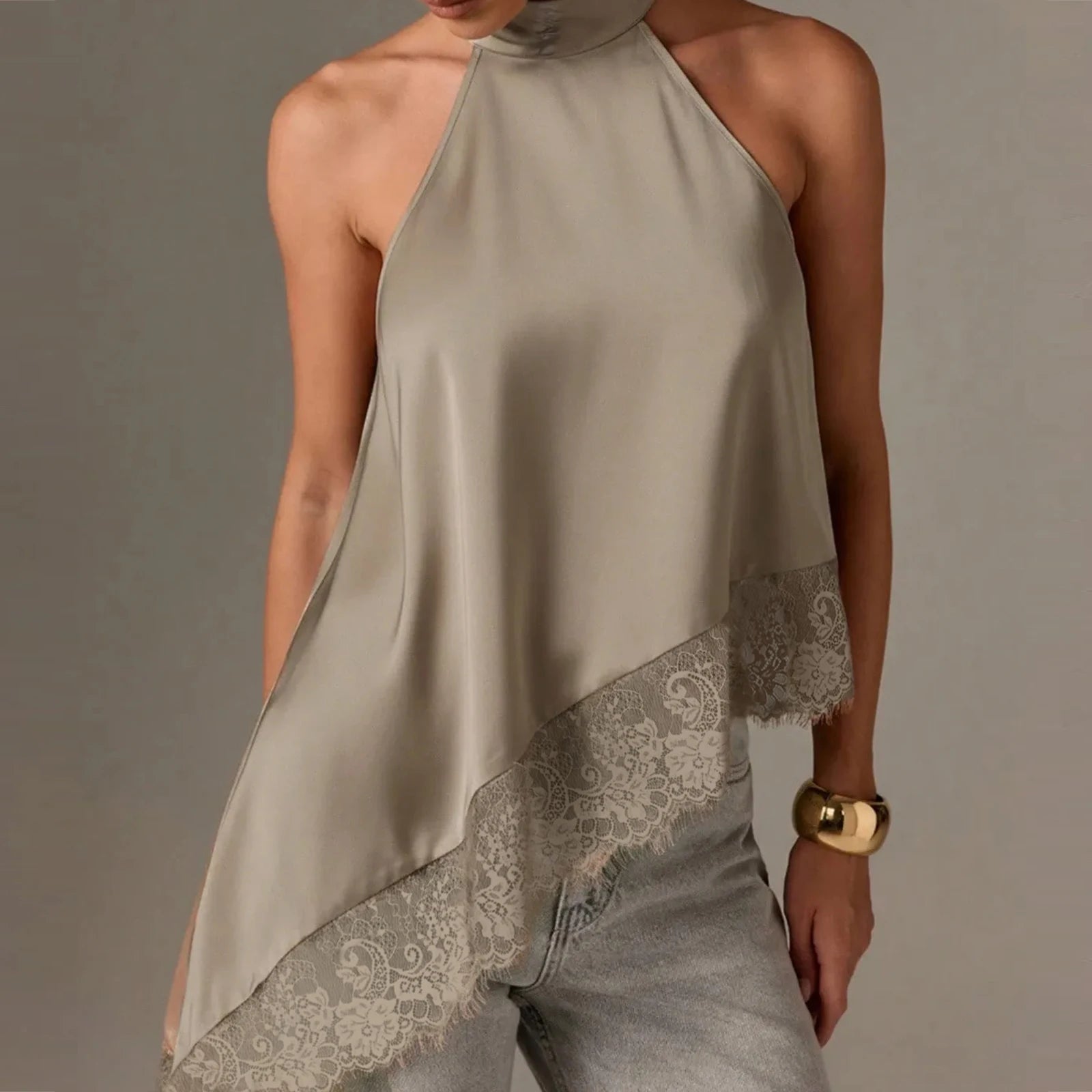 Satin Lace Asymmetrical Halter Top