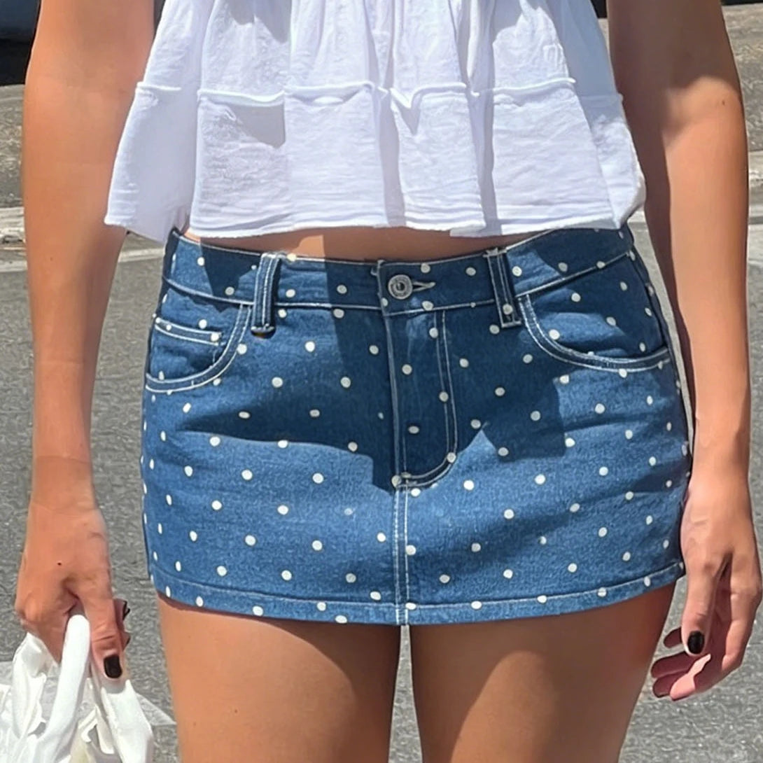 Polka Dot Denim Mini Skirt