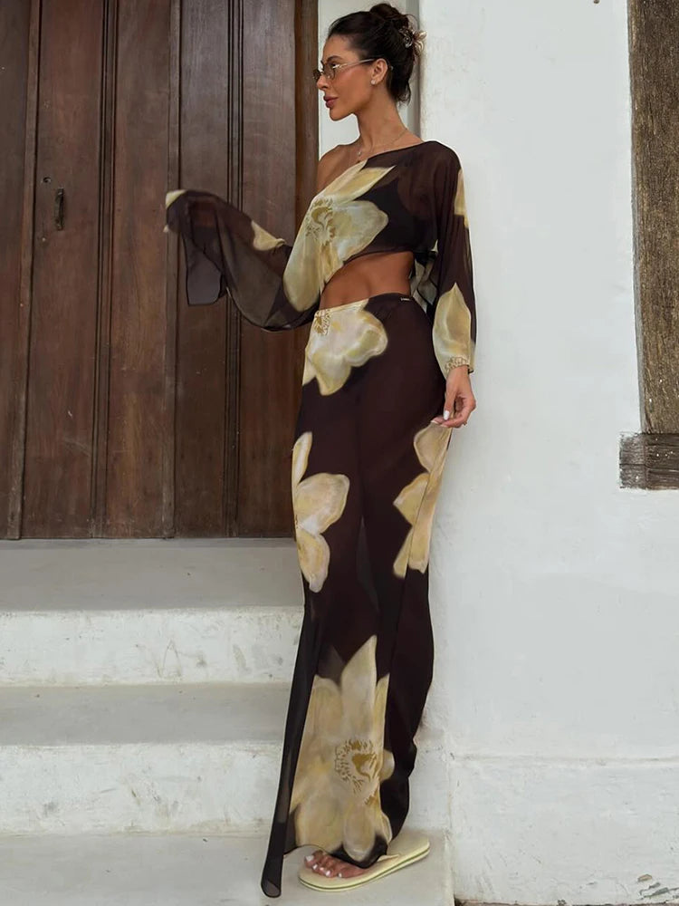 Floral Mesh Skew‑Neck Set