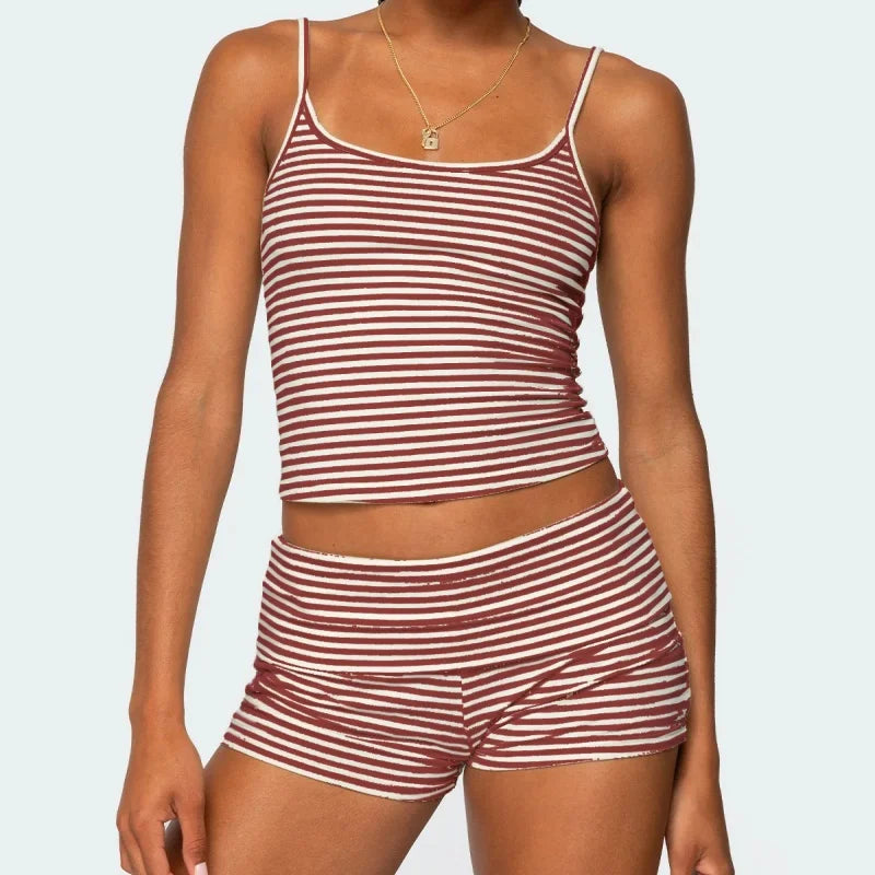 Striped Y2K Crop Cami & Fold‑Over Shorts Set
