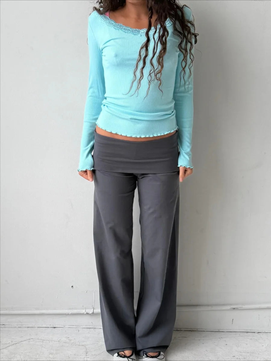 Foldover Low‑Rise Y2K Wide‑Leg Pants