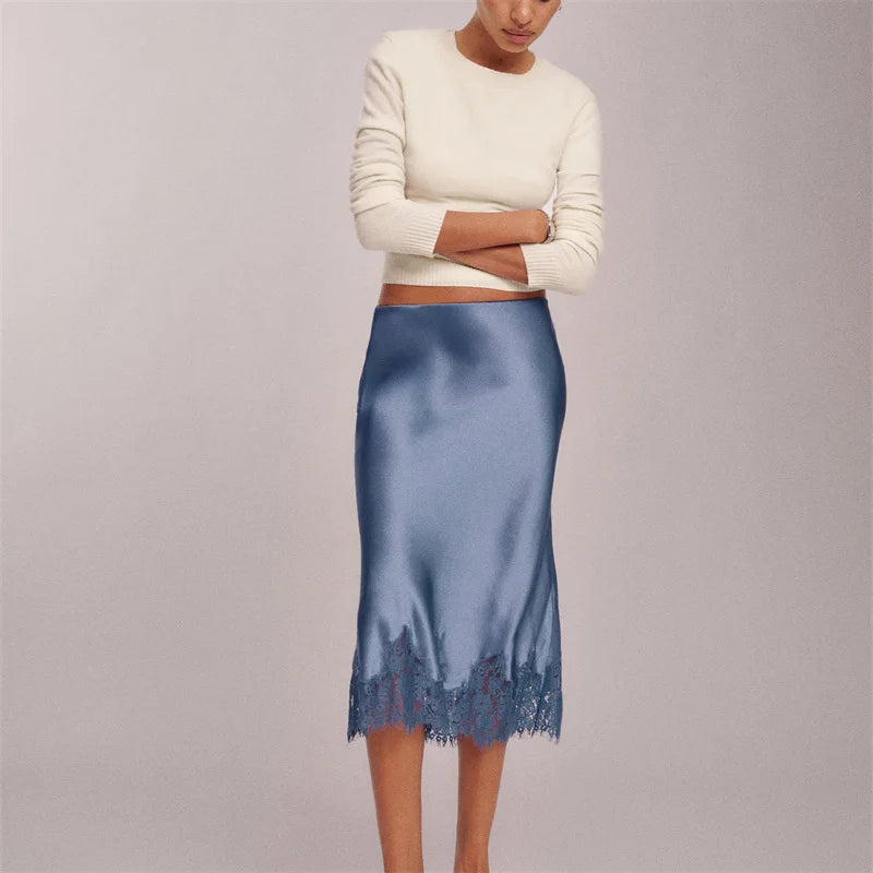Elegant Lace Satin Midi Skirt
