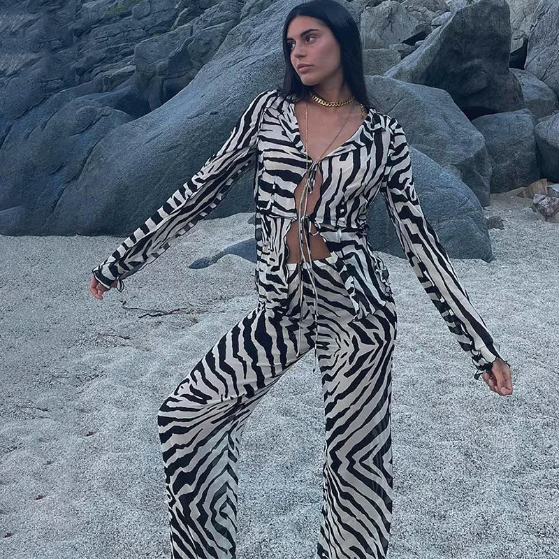 Zebra Print Linen Front-Tie Set