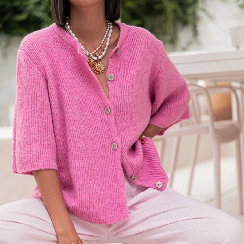 Vintage Knit Button‑Up Short‑Sleeve Cardigan