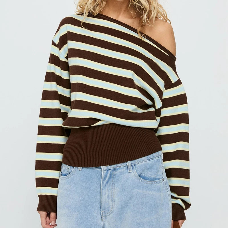 Striped Off‑Shoulder Ribbed Knit Crop Sweater