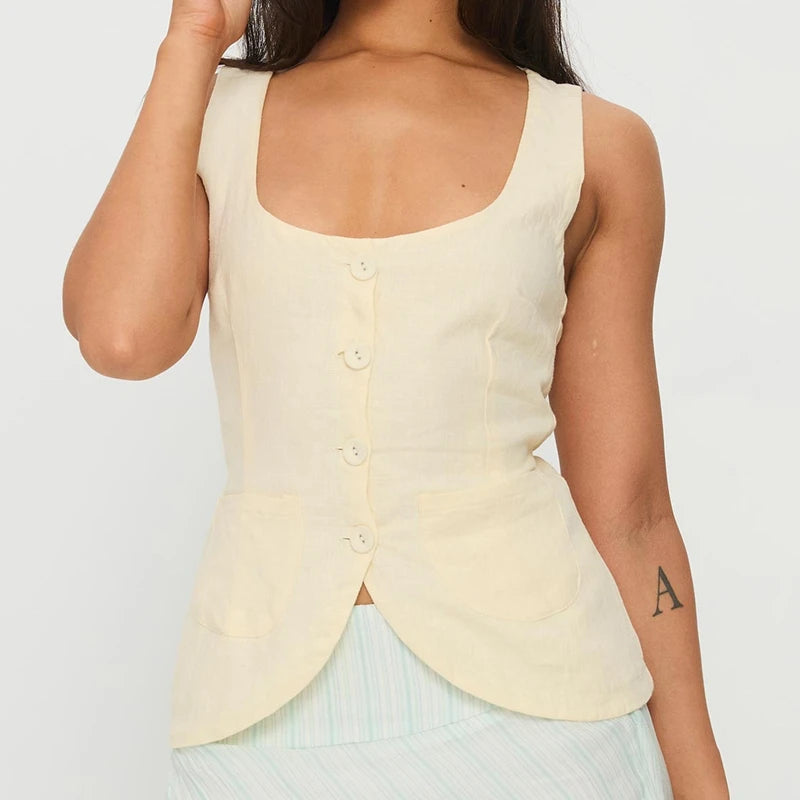 Vintage Square‑Neck Button Crop Vest