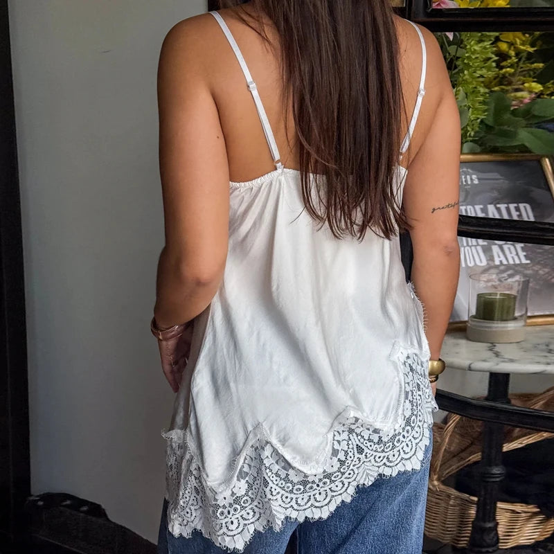 Satin Lace‑Trim Asymmetrical Cami